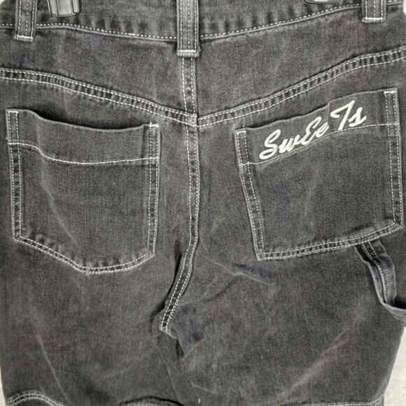 Shein Women's Baggy High Waist Jeans Black Embroidered Letter Denim Size Small - Picture 6 of 10